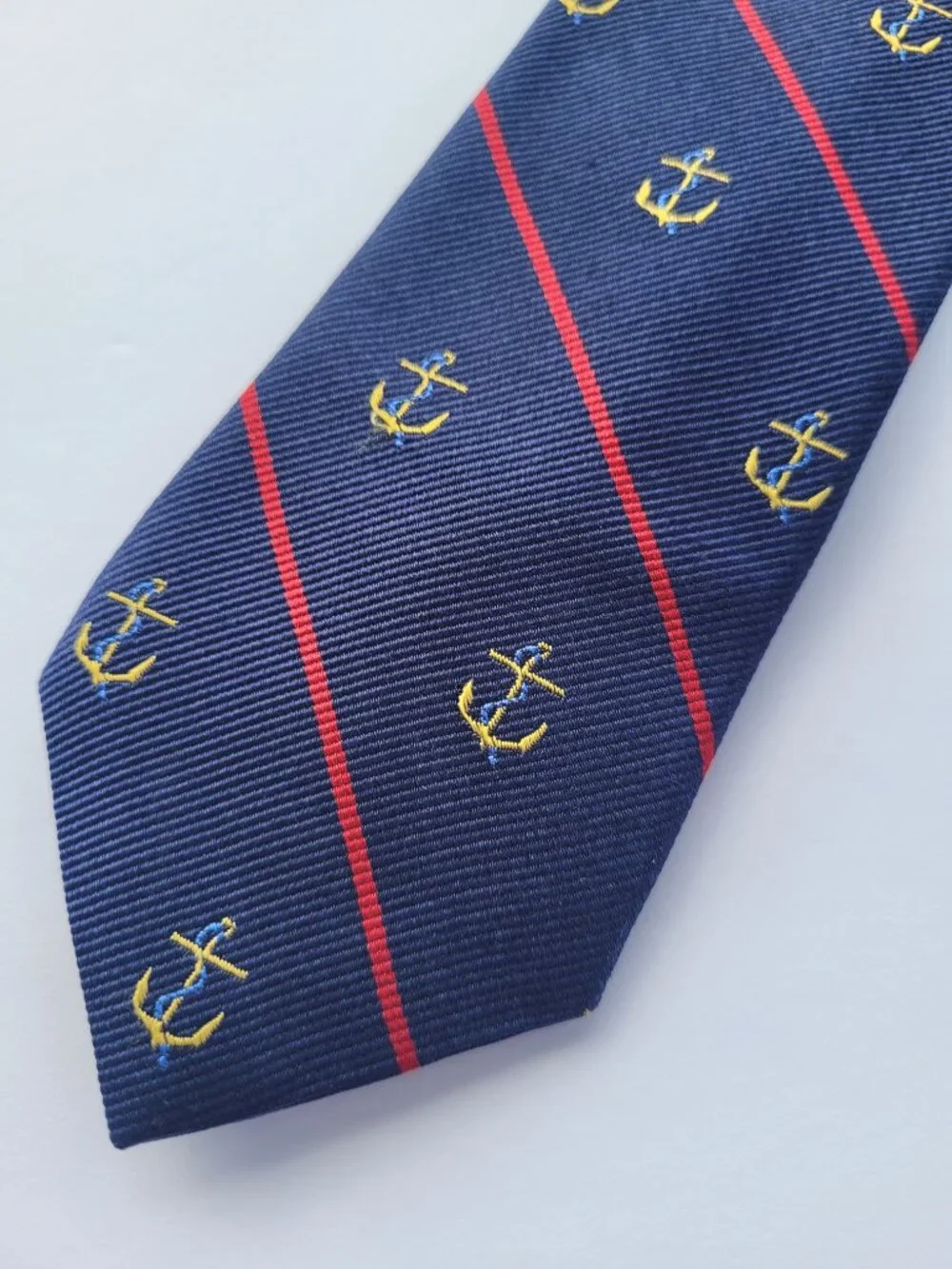 J Crew Men's 100% Silk Tie Anchor Striped Classic Navy Blue & Red Embroidered